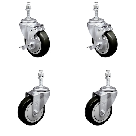 Service Caster 4 Inch SS Black Polyurethane Swivel 10mm Threaded Stem Caster Brakes, 2PK SSTS20S414-PPUB-BLK-TLB-M1015-2-S-2